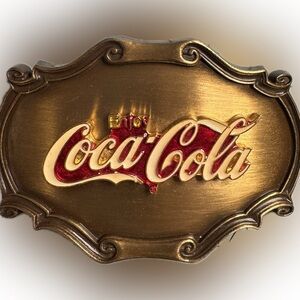1980 Raintree Enjoy Coca Cola Brass Red White Enamel Belt Buckle